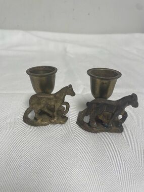 2 VTG Brass Horse Candle Holder Small Collectible Rustic Patina ENESCO Pair Set